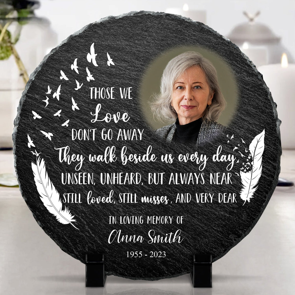 Photo personnalisée « Que les vents du ciel soufflent doucement » - Cadeau commémoratif - Pierre commémorative circulaire personnalisée