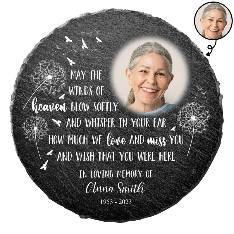 Photo personnalisée « Que les vents du ciel soufflent doucement » - Cadeau commémoratif - Pierre commémorative circulaire personnalisée