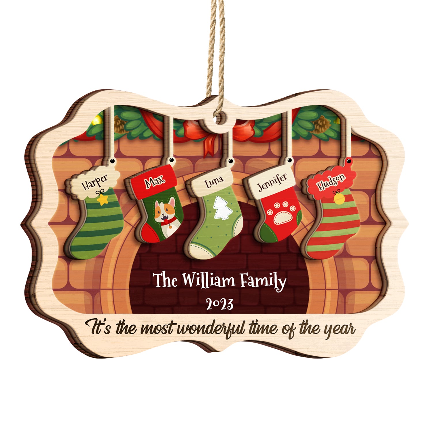 Stockings Hanging The Most Wonderful Time Of Year - Gift For Family - Personalized Custom 2-Layered Wooden Ornament