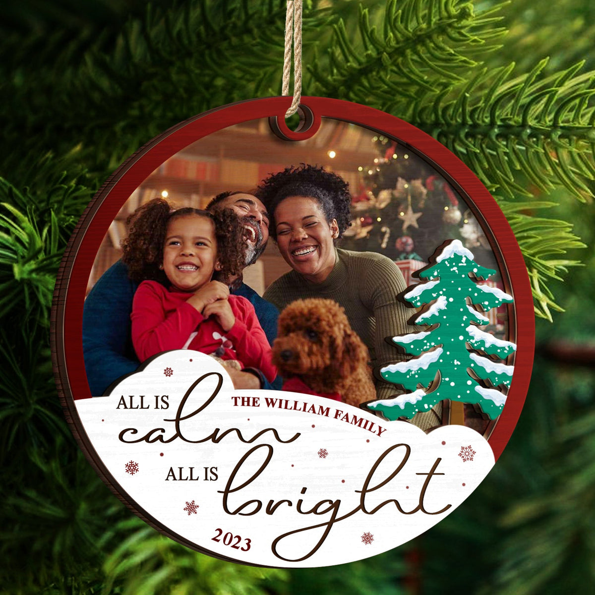 Custom Photo All Is Calm All Is Bright - Christmas Gift - Personalized 2-Layered Wooden Ornament