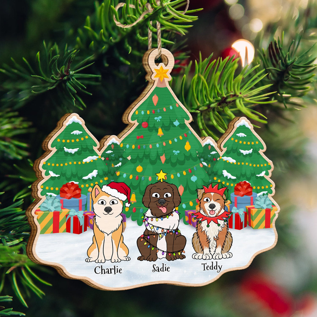 Christmas Tree Funny Cartoon Dogs - Christmas Gift For Dog Lovers - Personalized Custom Shaped Wooden Ornament