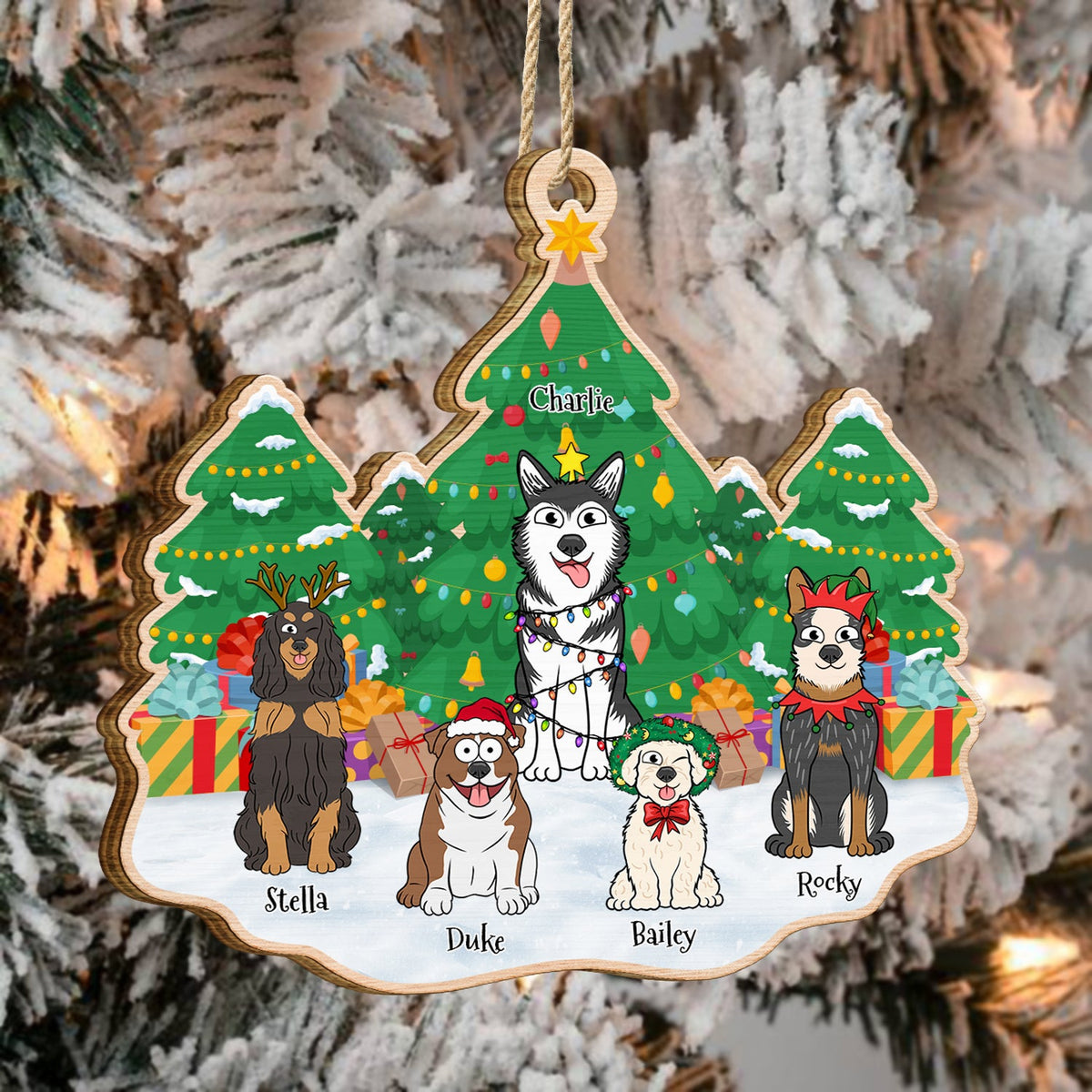 Christmas Tree Funny Cartoon Dogs - Christmas Gift For Dog Lovers - Personalized Custom Shaped Wooden Ornament