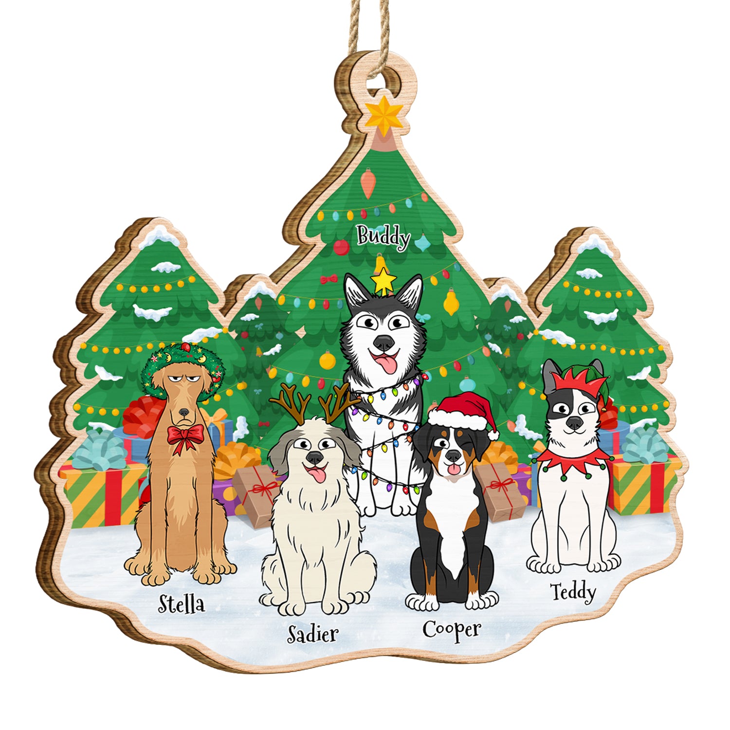 Christmas Tree Funny Cartoon Dogs - Christmas Gift For Dog Lovers - Personalized Custom Shaped Wooden Ornament