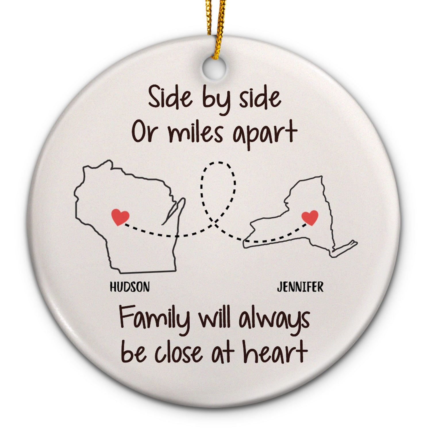 Side By Side Or Miles Apart - Christmas Gift For Family - Personalized Circle Ceramic Ornament