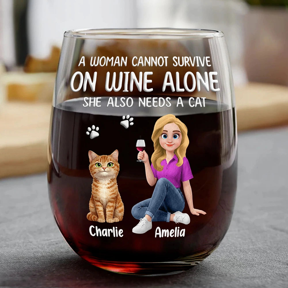 A Woman Cannot Survive On Wine Alone Cat Mom Animate - Personalized Stemless Wine Glass