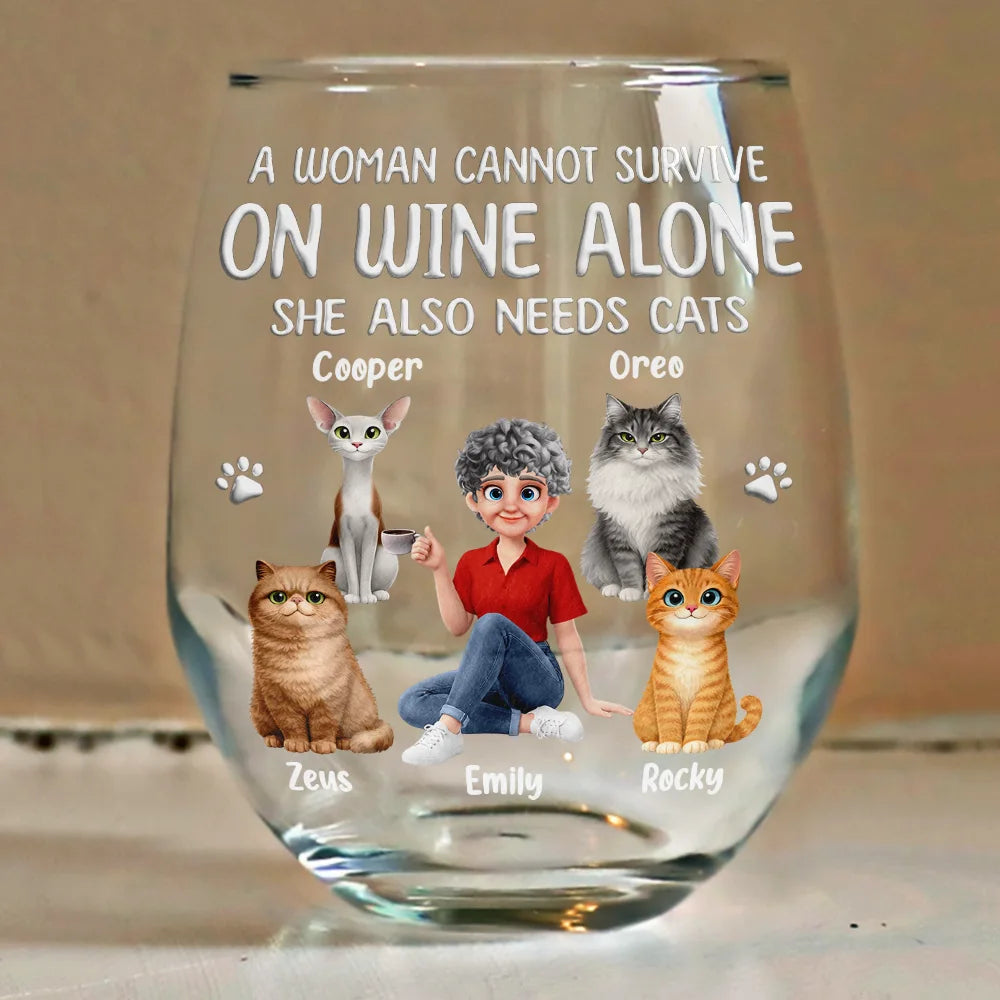 Happy,Gift For Wife,Gift For Women,Pet Lovers,Cat Lovers,Cat Mom,Gift For Mother,Gift For Yourself - A Woman Cannot Survive On Wine Alone Cat Mom Animate - Personalized Stemless Wine Glass