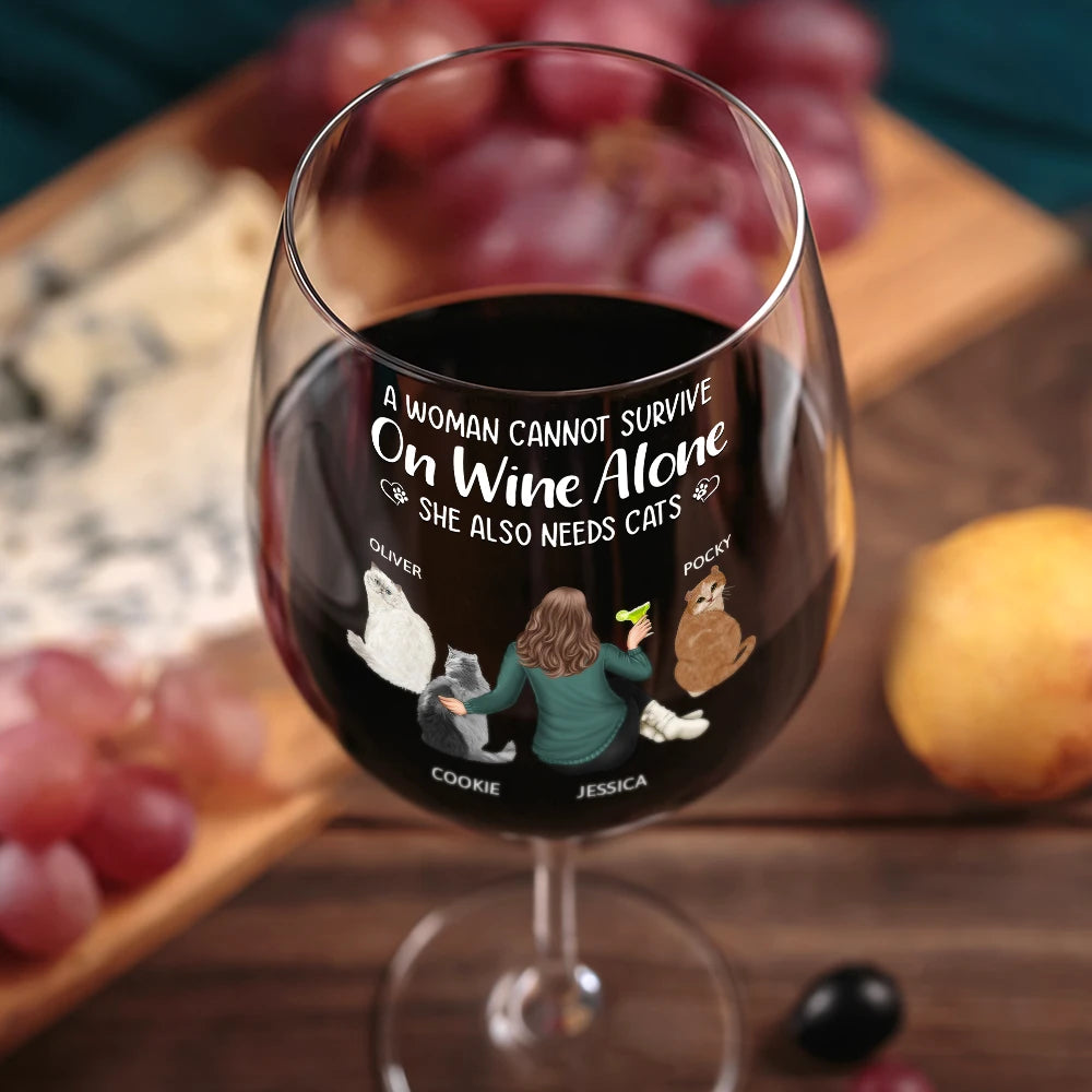 Happy, Cat Lovers, Pet Lovers, Cat Mom, Cat Dad - A Woman Cannot Survive On Wine Alone Cat Mom Cat Dad - Personalized Wine Glass