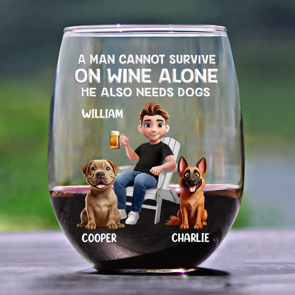 Happy,Dog Mom,Dog Lovers,Pet Lovers,Dog Dad - A Woman Cannot Survive On Wine Alone Dog Mom Cartoon - Personalized Stemless Wine Glass