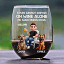 Happy,Dog Mom,Dog Lovers,Pet Lovers,Dog Dad - A Woman Cannot Survive On Wine Alone Dog Mom Cartoon - Personalized Stemless Wine Glass