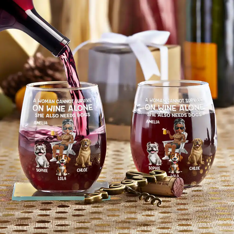 Happy,Dog Mom,Dog Lovers,Pet Lovers,Dog Dad - A Woman Cannot Survive On Wine Alone Dog Mom Cartoon - Personalized Stemless Wine Glass