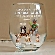 Happy,Dog Mom,Dog Lovers,Pet Lovers,Dog Dad - A Woman Cannot Survive On Wine Alone Dog Mom Cartoon - Personalized Stemless Wine Glass