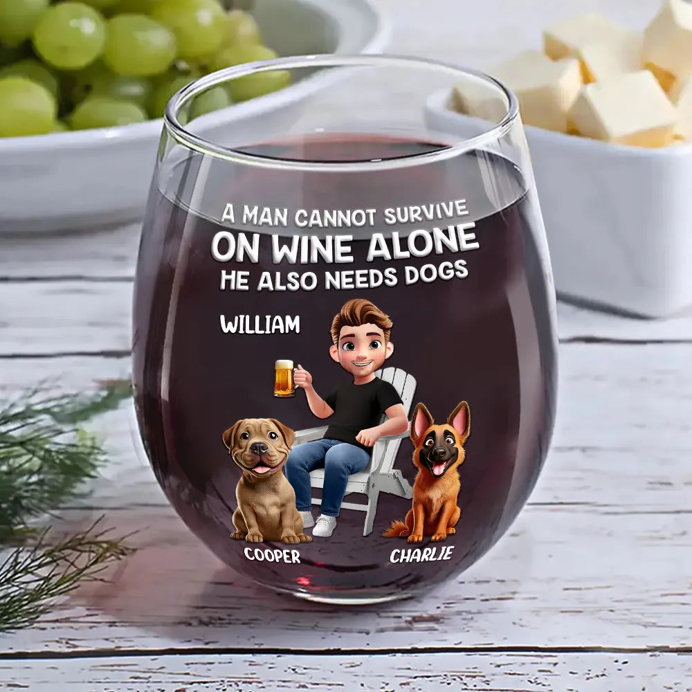 Happy,Dog Mom,Dog Lovers,Pet Lovers,Dog Dad - A Woman Cannot Survive On Wine Alone Dog Mom Cartoon - Personalized Stemless Wine Glass