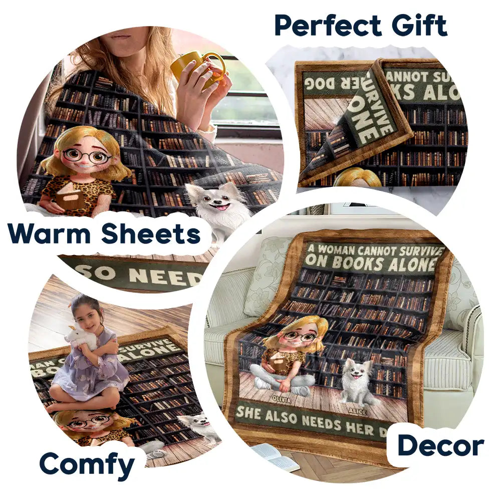 Dog Lovers,Dog Mom,Dog Dad,Gift For Women,Gift For Men,Gift For Yourself,Christmas,Happy - A Woman Man Cannot Survive On Books Alone Dog 3D Effect - Personalized Fleece Blanket, Sherpa Blanket
