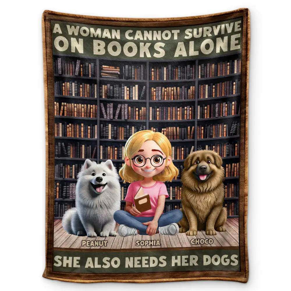 A Woman Man Cannot Survive On Books Alone Dog 3D Effect - Personalized Fleece Blanket, Sherpa Blanket