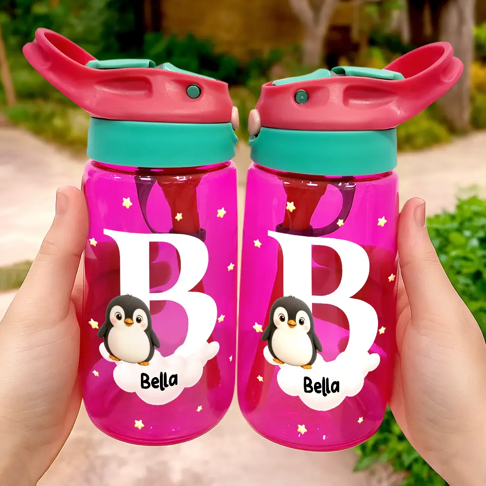 Back To School, Gift For Kids, Adorable, Icon - Adorable Animals With Initial - Personalized Kids Water Bottle With Straw