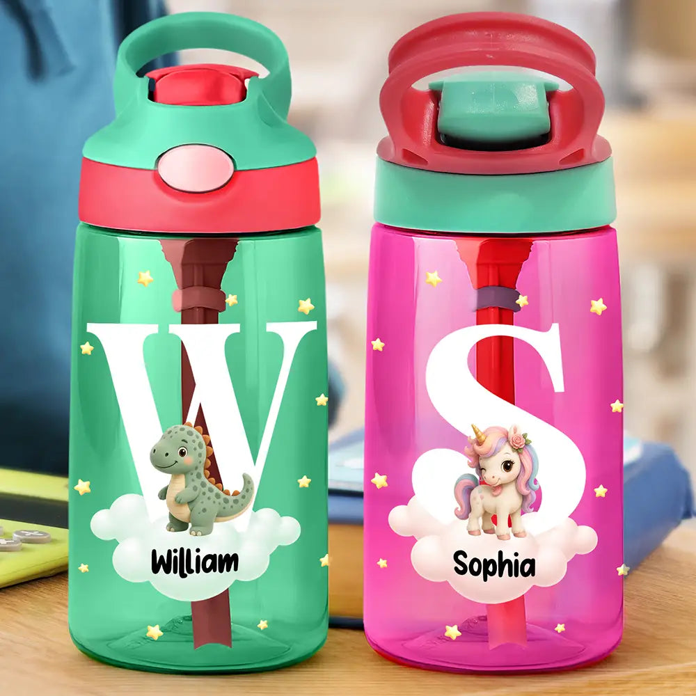 Back To School, Gift For Kids, Adorable, Icon - Adorable Animals With Initial - Personalized Kids Water Bottle With Straw