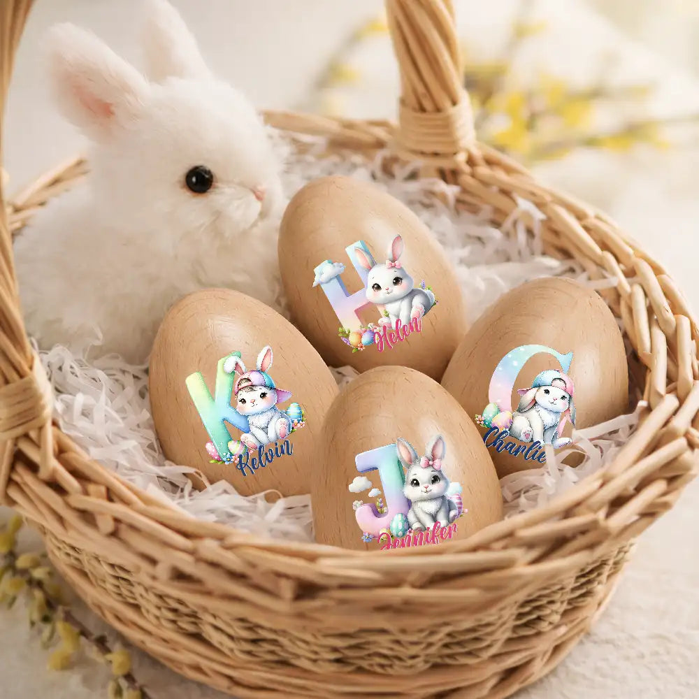 Easter,Non-Eng,Gift For Kids,Gift For Grandkids,Grandma - Grandkids,Grandpa - Grandkids,Dad - Children,Mom - Children,Happy - Adorable Bunny Alphabet Letters - Personalized Musical Wooden Easter Egg Shaker