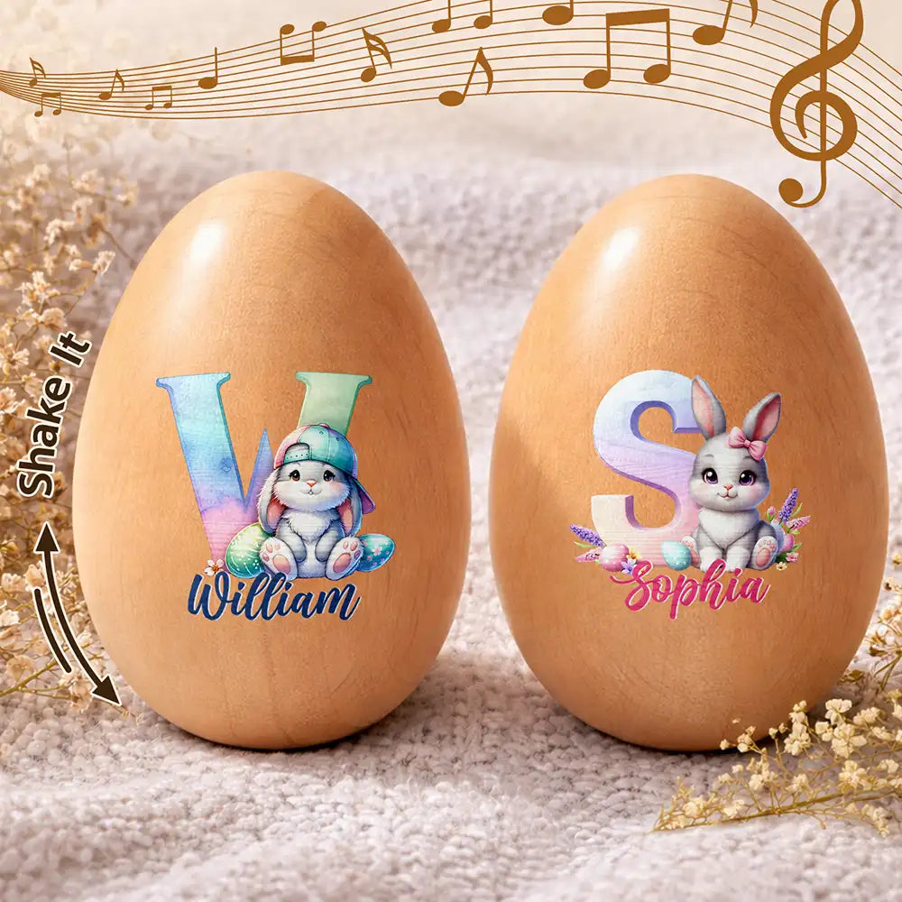 Easter,Non-Eng,Gift For Kids,Gift For Grandkids,Grandma - Grandkids,Grandpa - Grandkids,Dad - Children,Mom - Children,Happy - Adorable Bunny Alphabet Letters - Personalized Musical Wooden Easter Egg Shaker