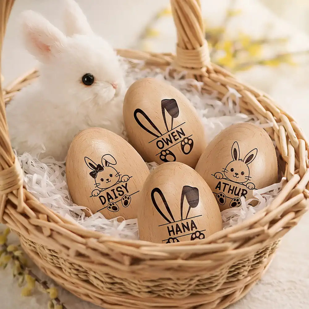 Gift For Kids, Gift For Grandkids, Non-Eng - Adorable Bunny With Name - Personalized Musical Wooden Easter Egg Shaker