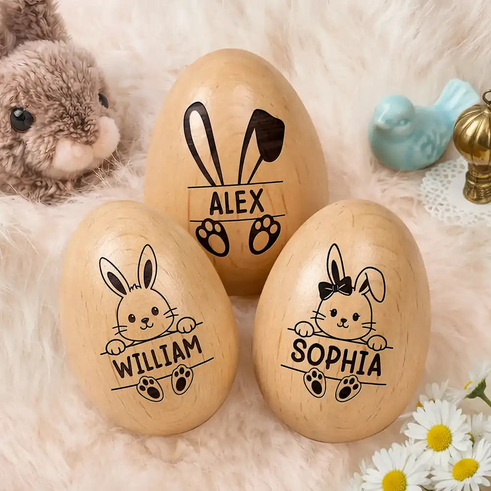 Adorable Bunny With Name - Personalized Musical Wooden Easter Egg Shaker