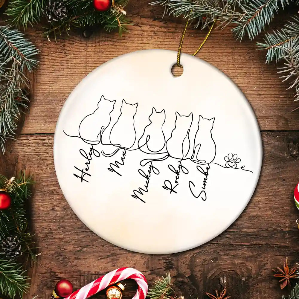Cat Lovers,Cat Mom,Cat Dad,Pet Lovers,Pet Mom,Pet Dad,Happy,Christmas - Adorable Cat Line - Personalized Circle Ceramic Ornament