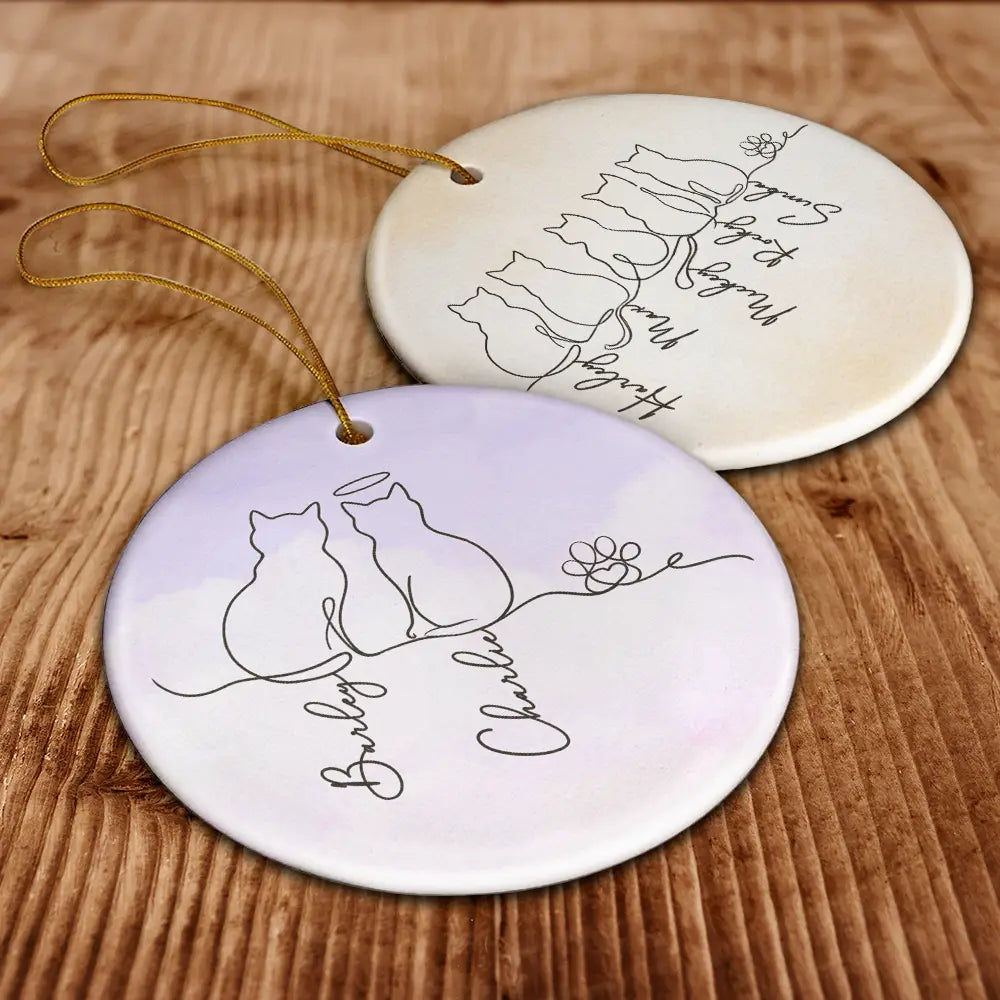 Cat Lovers,Cat Mom,Cat Dad,Pet Lovers,Pet Mom,Pet Dad,Happy,Christmas - Adorable Cat Line - Personalized Circle Ceramic Ornament