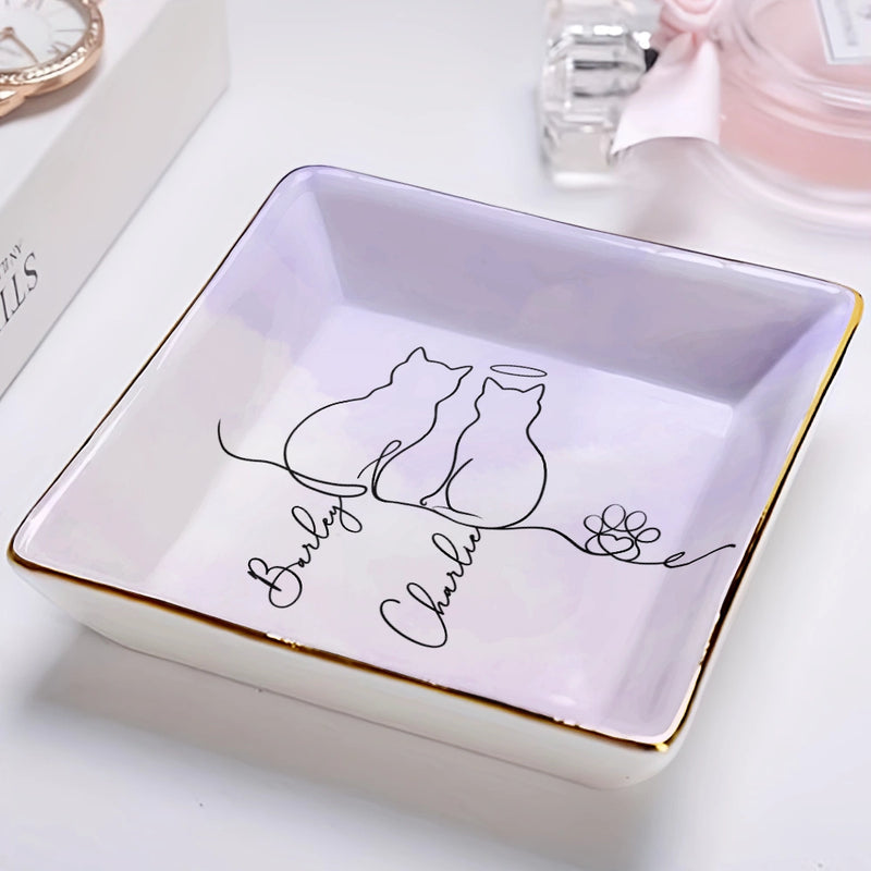 Cat Lovers,Cat Mom,Cat Dad,Pet Lovers,Pet Mom,Pet Dad,Happy - Adorable Cat Line - Personalized Ring Dish