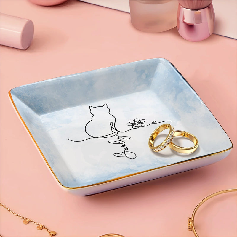 Cat Lovers,Cat Mom,Cat Dad,Pet Lovers,Pet Mom,Pet Dad,Happy - Adorable Cat Line - Personalized Ring Dish