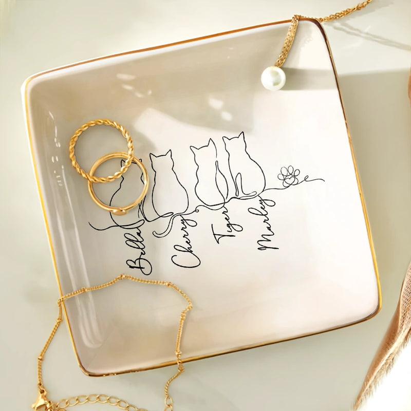 Cat Lovers,Cat Mom,Cat Dad,Pet Lovers,Pet Mom,Pet Dad,Happy - Adorable Cat Line - Personalized Ring Dish