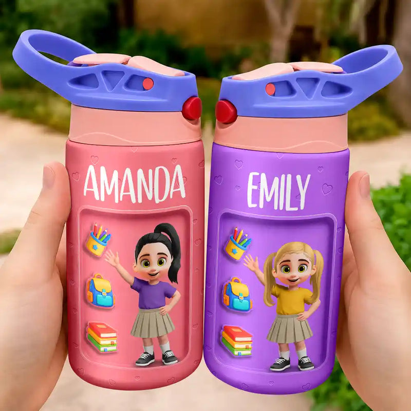 Adorable,Back To School,Gift For Kids,Vector - Adorable Kid Getting Ready For School - Personalized Insulated Water Bottle With Straw