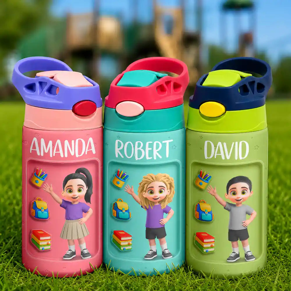 Adorable,Back To School,Gift For Kids,Vector - Adorable Kid Getting Ready For School - Personalized Insulated Water Bottle With Straw