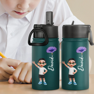 Top Market, Adorable, Back To School, Gift For Kids, Vector - Adorable Kid With Birth Month Flower - Personalized Kids Water Bottle