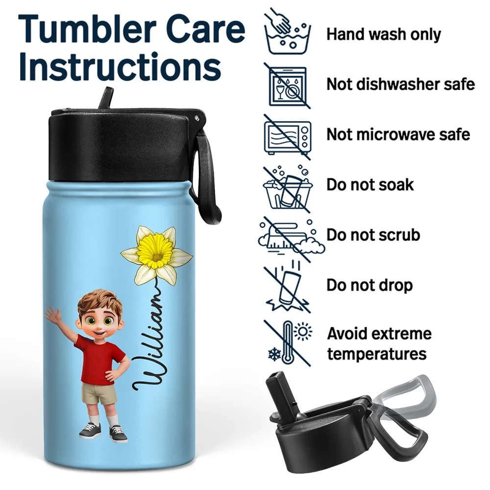 Top Market, Adorable, Back To School, Gift For Kids, Vector - Adorable Kid With Birth Month Flower - Personalized Kids Water Bottle