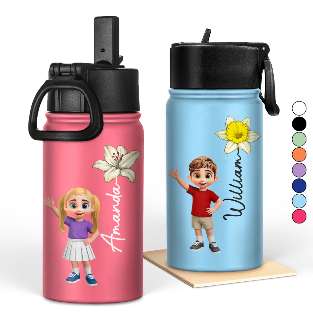 Adorable Kid With Birth Month Flower - Personalized Kids Water Bottle