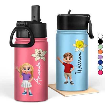 Adorable Kid With Birth Month Flower - Personalized Kids Water Bottle