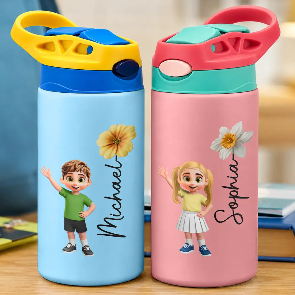 Adorable Kid & Birth Month Flower - Personalized Insulated Water Bottle With Straw