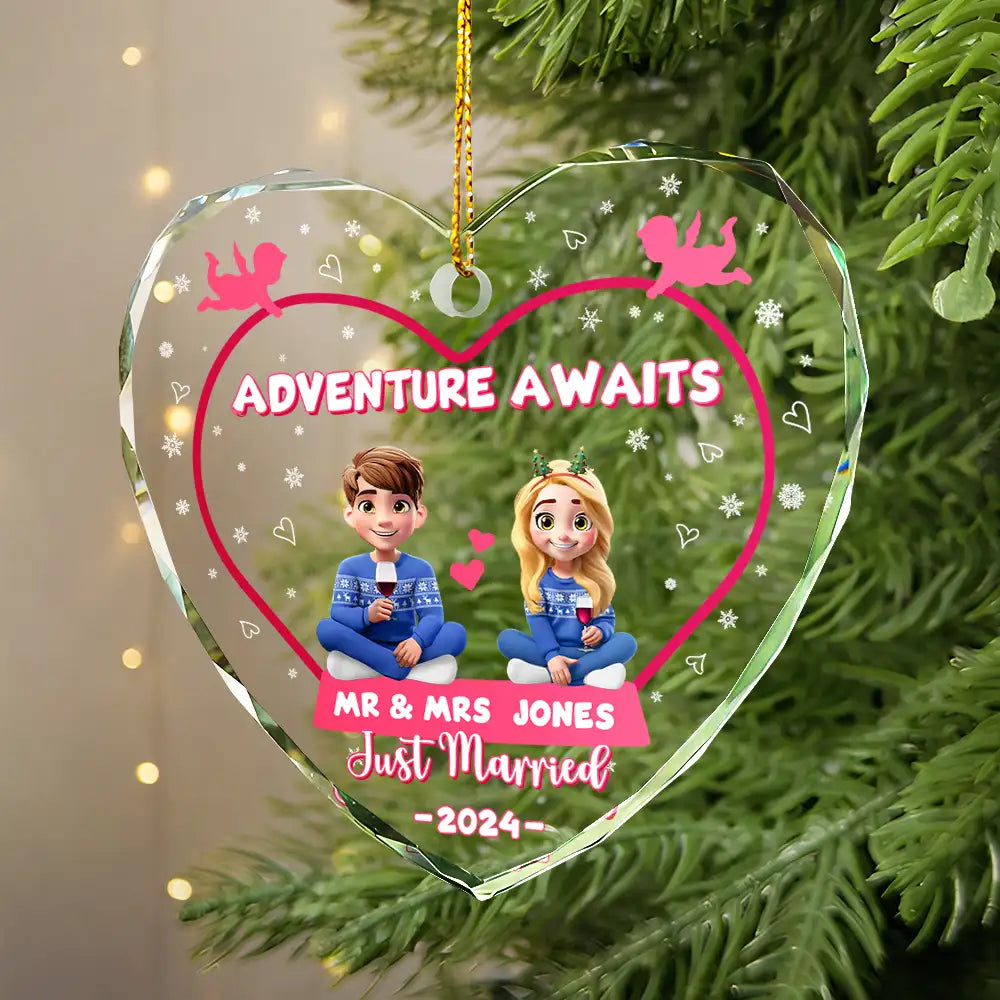 Gift For Couples,Happy,Christmas,Love,Wedding - Adventure Awaits Mr And Mrs Family Name - Personalized Heart Shaped Glass Ornament