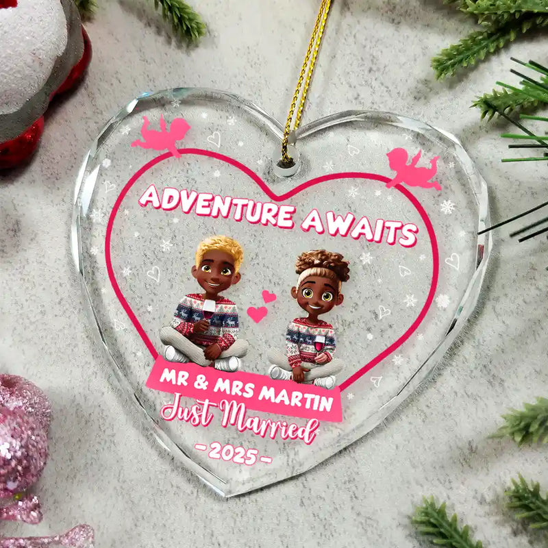 Gift For Couples,Happy,Christmas,Love,Wedding - Adventure Awaits Mr And Mrs Family Name - Personalized Heart Shaped Glass Ornament