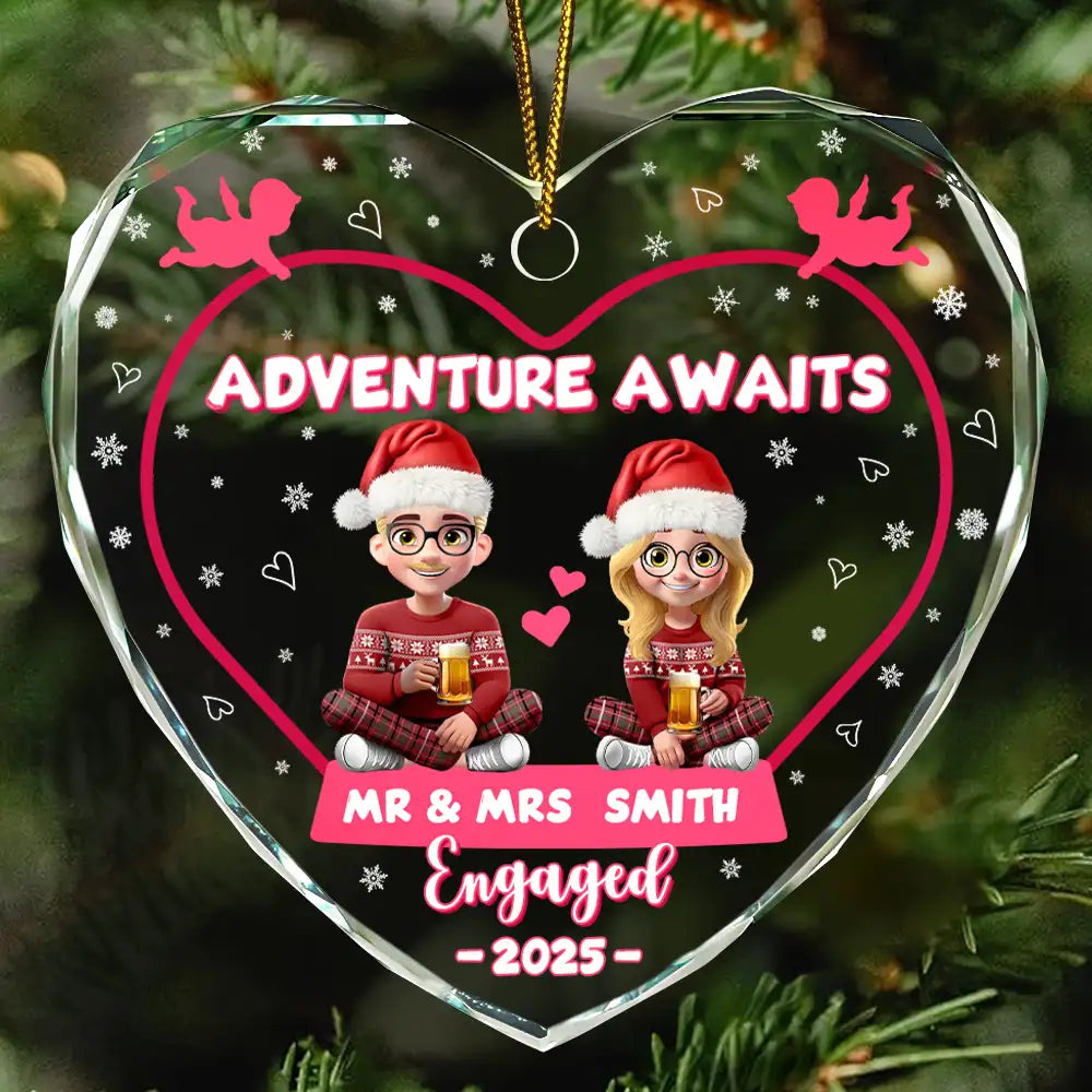 Adventure Awaits Mr And Mrs Family Name - Personalized Heart Shaped Glass Ornament