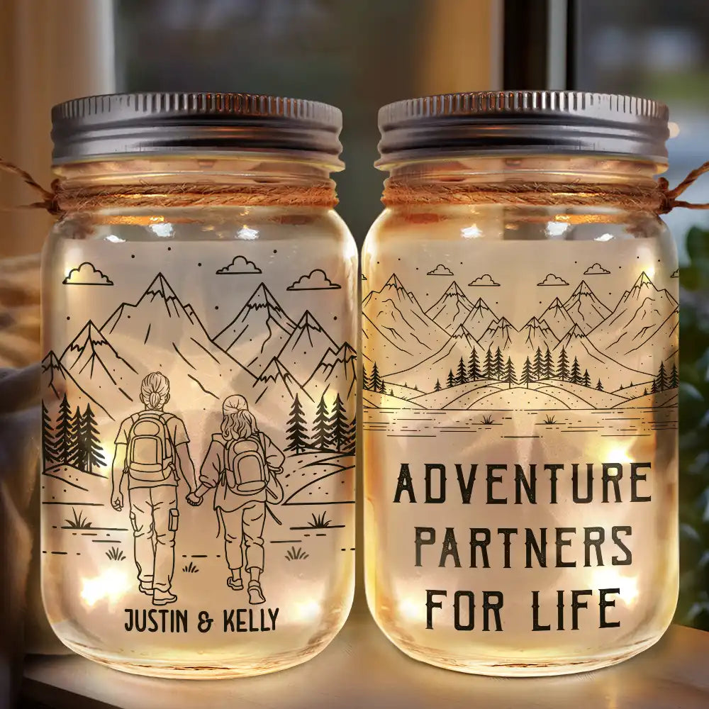 Gift For Couples,Old Couples,Gift For Husband,Gift For Wife,Gift For Boyfriend,Gift For Girlfriend,Happy - Adventure Partners For Life - Personalized Mason Jar Light