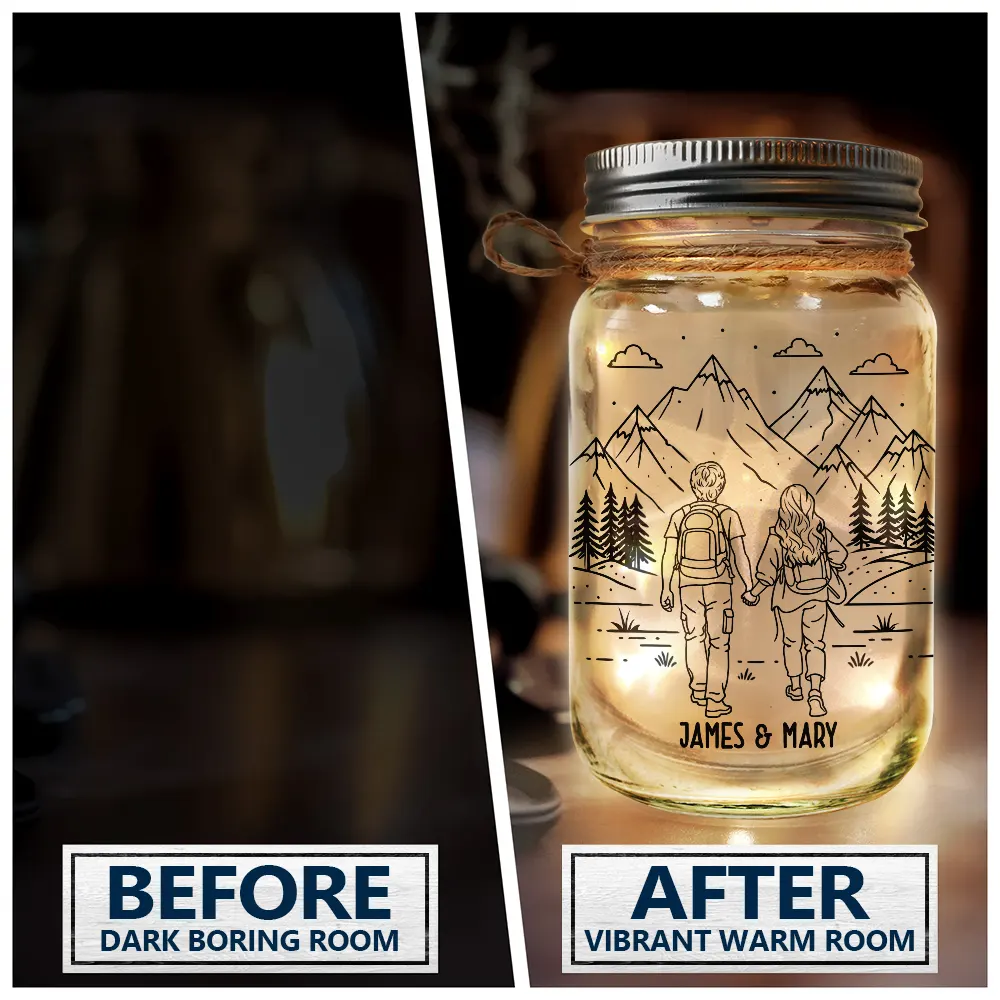 Gift For Couples, Old Couples, Gift For Husband, Gift For Wife, Gift For Boyfriend, Gift For Girlfriend, Happy - Adventure Partners For Life - Personalized Mason Jar Light