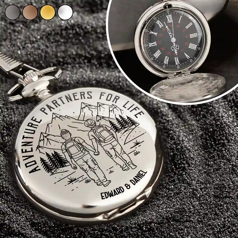 Gift For Couples,Old Couples,Gift For Husband,Gift For Wife,Gift For Boyfriend,Gift For Girlfriend,Happy - Adventure Partners For Life - Personalized Pocket Watch