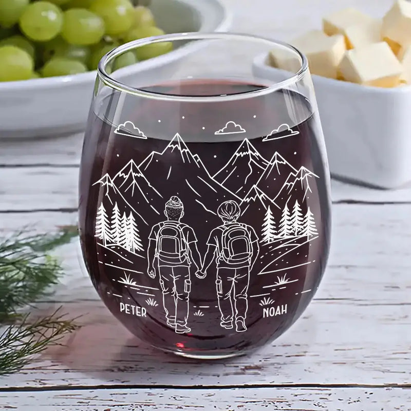 Gift For Couples,Old Couples,Gift For Husband,Gift For Wife,Gift For Boyfriend,Gift For Girlfriend,Happy - Adventure Partners For Life - Personalized Stemless Wine Glass