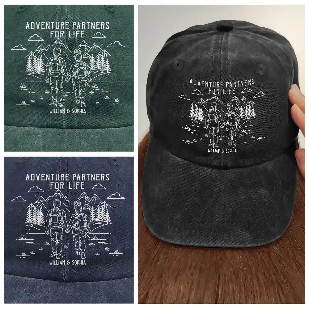Gift For Couples,Gift For Husband,Old Couples,Gift For Wife,Gift For Boyfriend,Gift For Girlfriend,LGBT,Love - Adventure Partners For Life - Personalized Vintage Washed Denim Cap