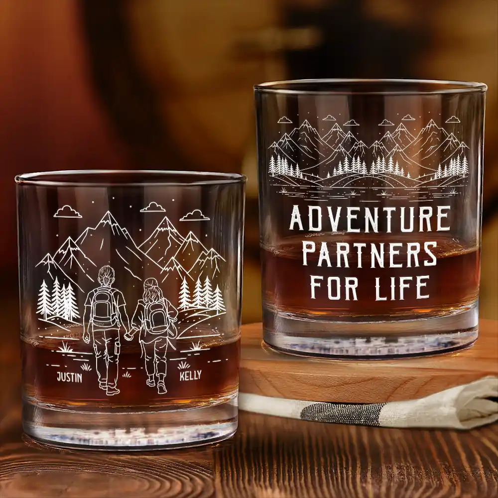 Gift For Couples,Old Couples,Gift For Husband,Gift For Wife,Gift For Boyfriend,Gift For Girlfriend,Happy - Adventure Partners For Life - Personalized Whiskey Glass