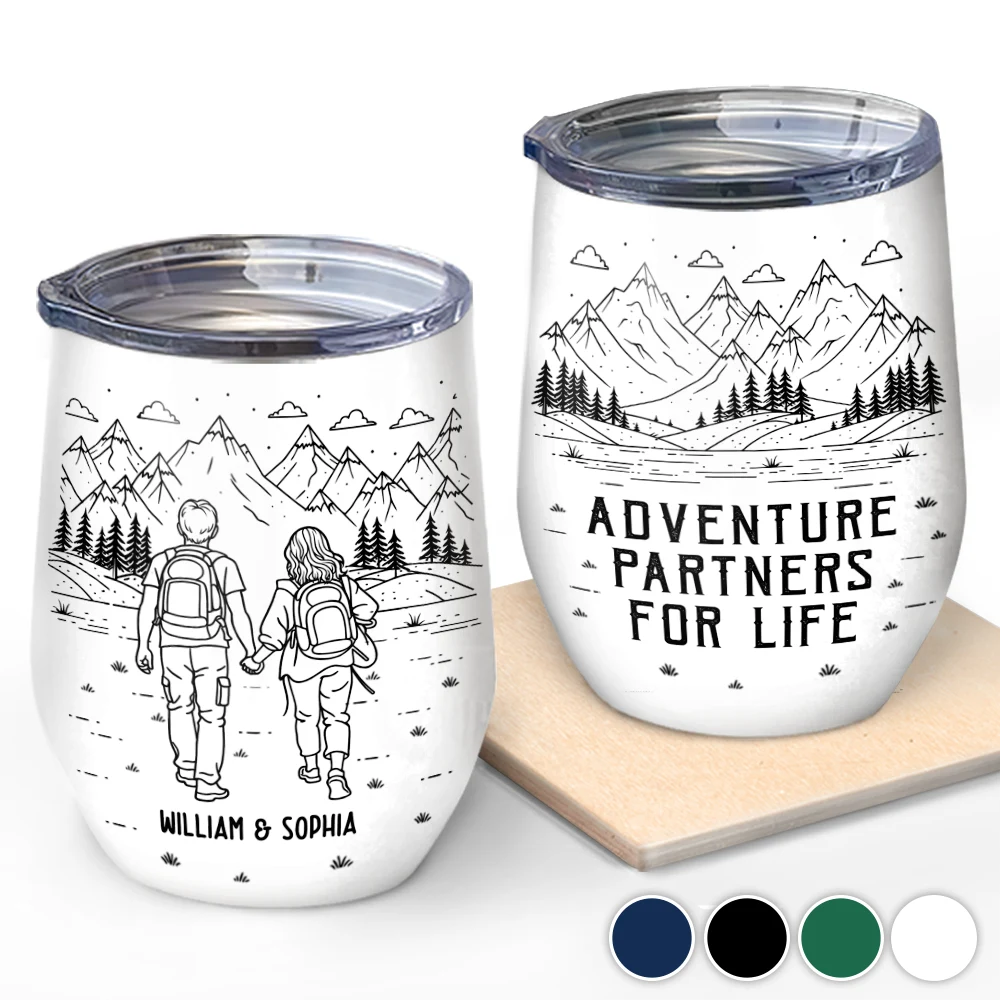 Gift For Couples,Gift For Husband,Old Couples,Gift For Wife,Gift For Boyfriend,Gift For Girlfriend,LGBT,Love - Adventure Partners For Life Couple Line Art - Personalized Wine Tumbler
