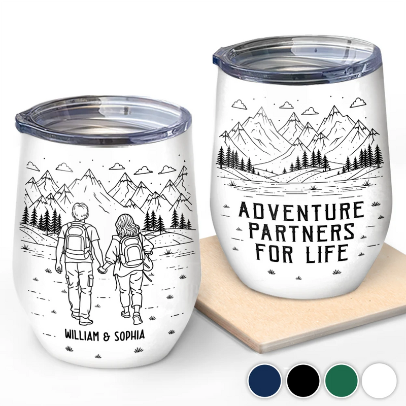 Gift For Couples,Gift For Husband,Old Couples,Gift For Wife,Gift For Boyfriend,Gift For Girlfriend,LGBT,Love - Adventure Partners For Life Couple Line Art - Personalized Wine Tumbler