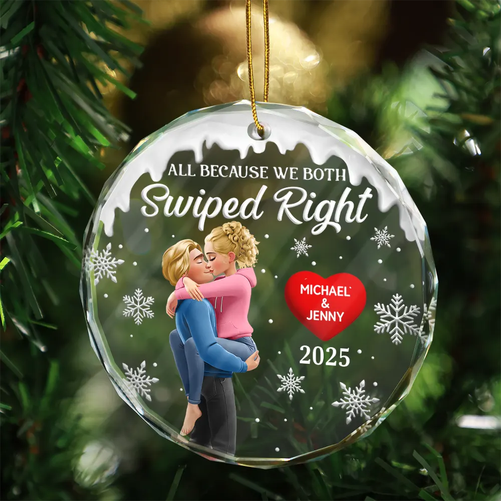 Gift For Couples,Gift For Husband,Gift For Wife,Gift For Boyfriend,Gift For Girlfriend,Christmas,Funny - All Because We Both Swiped Right 3D Kissing Couple - Personalized Glass Ornament