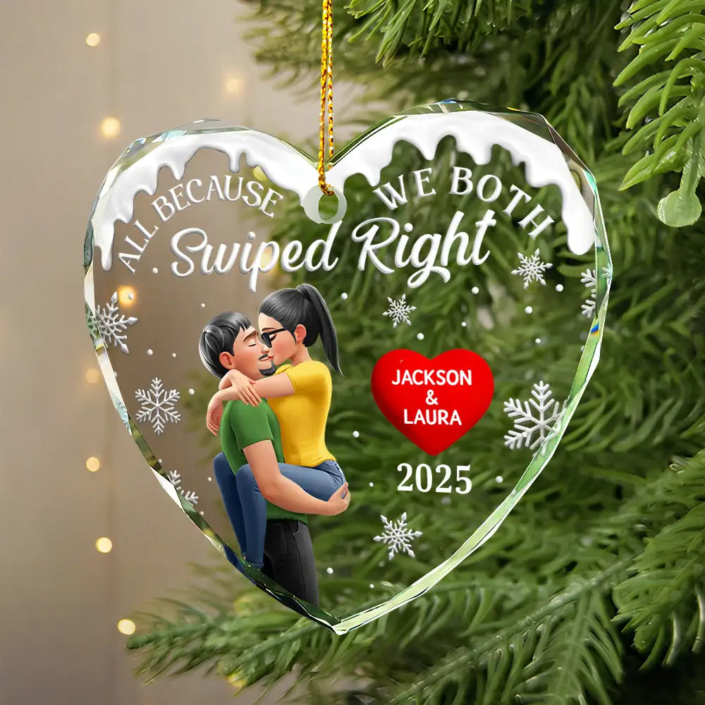 Gift For Couples,Gift For Husband,Gift For Wife,Gift For Boyfriend,Gift For Girlfriend,Christmas,Funny - All Because We Both Swiped Right 3D Kissing Couple - Personalized Glass Ornament
