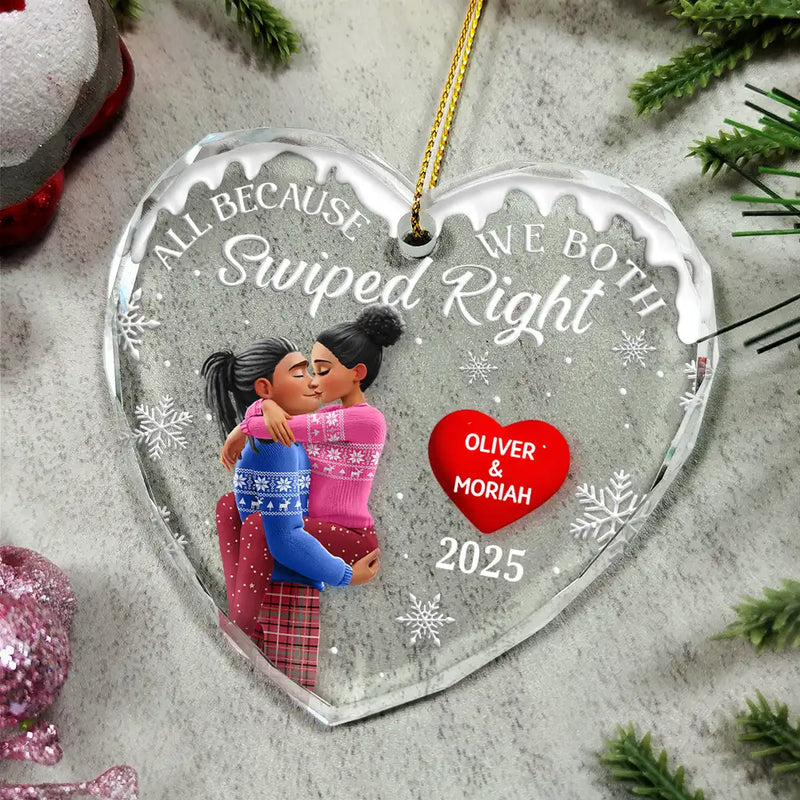 Gift For Couples,Gift For Husband,Gift For Wife,Gift For Boyfriend,Gift For Girlfriend,Christmas,Funny - All Because We Both Swiped Right 3D Kissing Couple - Personalized Glass Ornament
